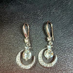 Sterling Silver 925 Moon and Star Earrings White Sapphire Dangle Earrings NWT